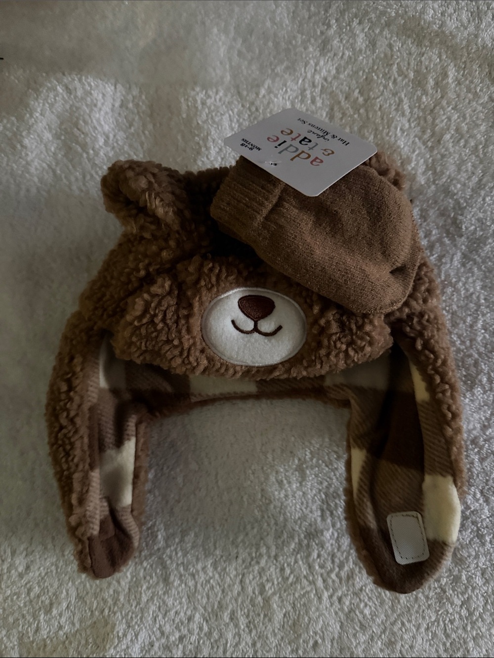 Eddie & Alice Brown Teddy Bear Infant 9-18 months Hat and mittens set